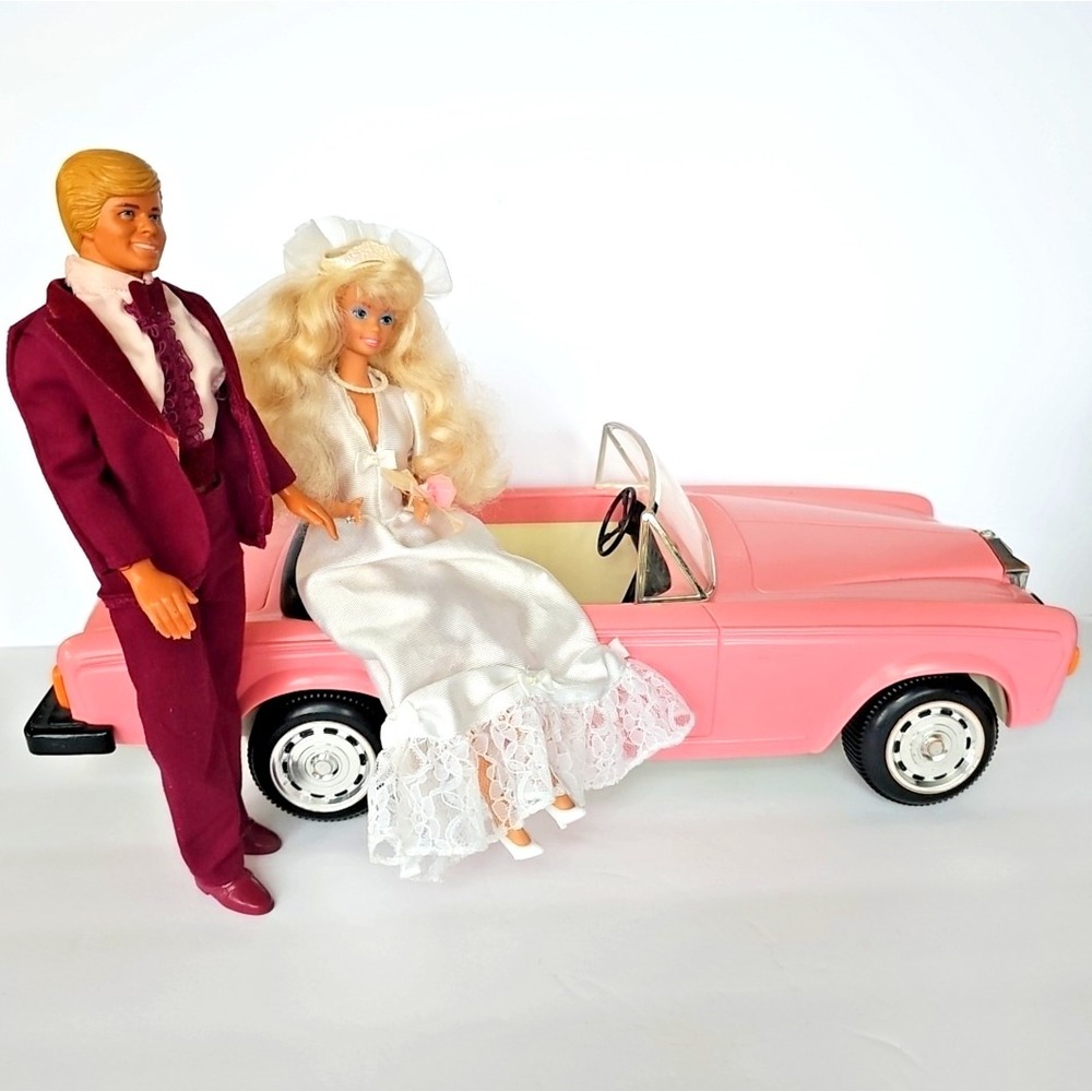 Vintage Barbie Ken Wedding Set Pink Convertible Car Bridal Gown Burgundy Tuxedo